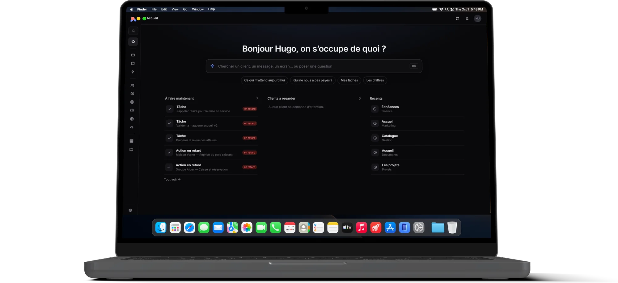 Tilen sur un MacBook : l’accueil, avec ce qui est à faire maintenant et les écrans récents