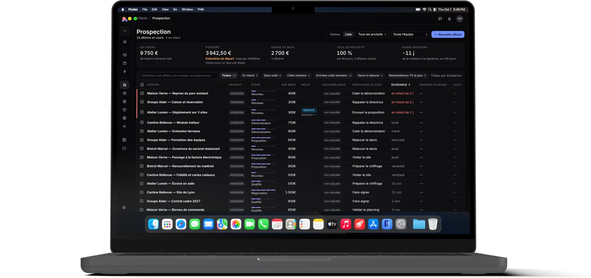 Tilen sur un MacBook : la prospection en liste, chaque affaire avec son étape, son montant et sa prochaine action