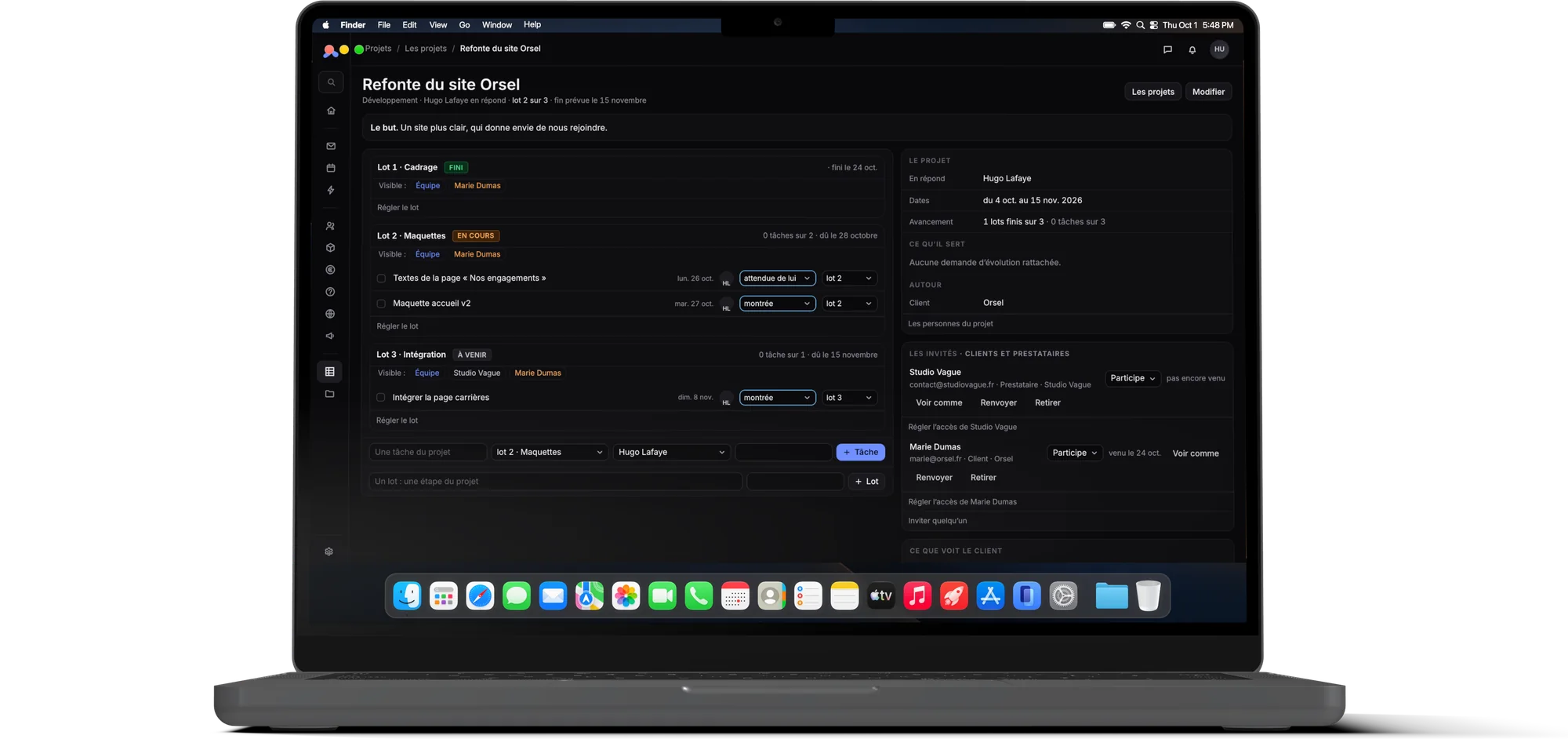 Tilen sur un MacBook : l’espace de Marie, cliente invitée, avec ce qu’on attend d’elle et les étapes du projet